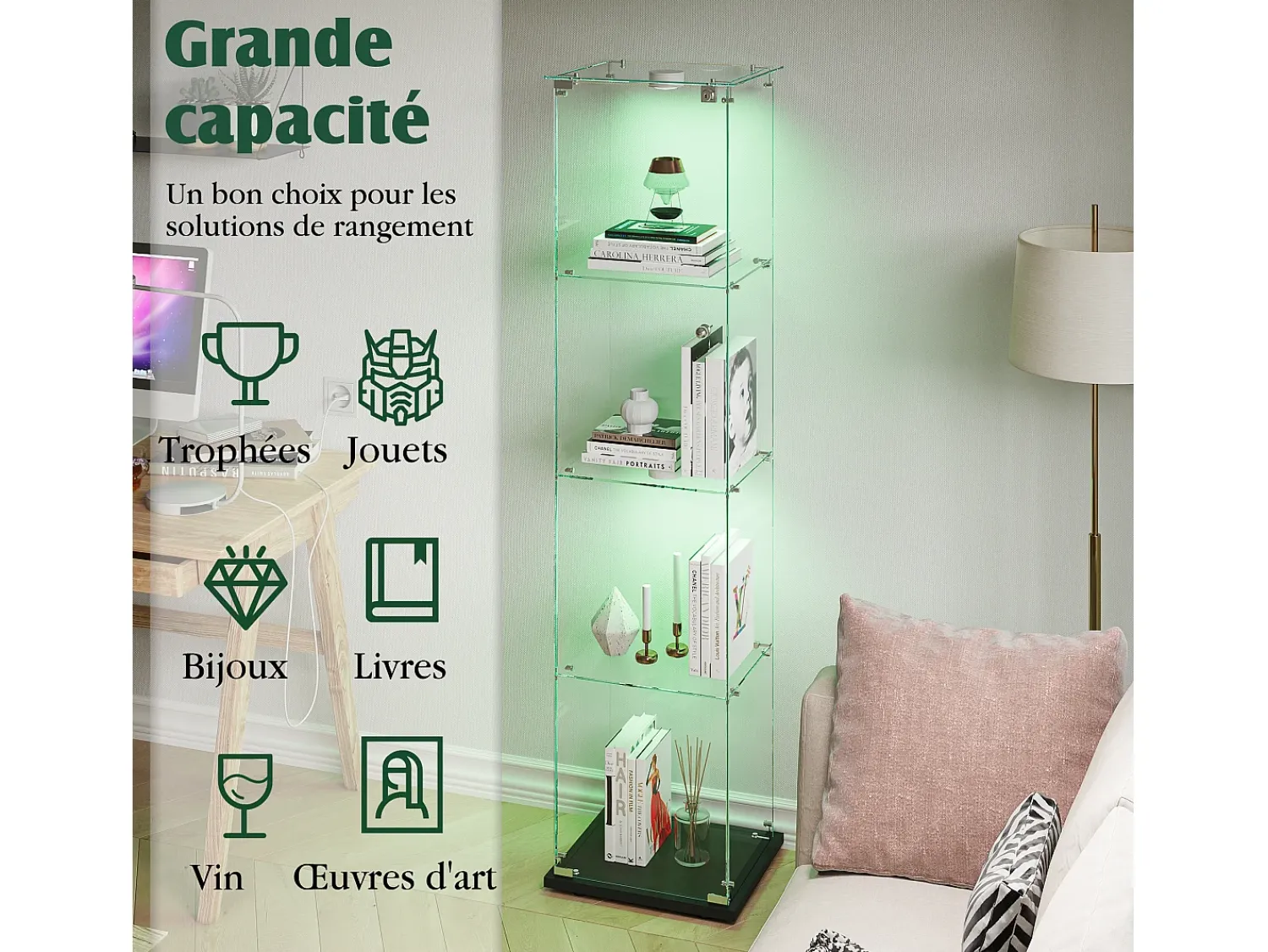 Vitrine de vidro com iluminação LED acionável por toque, portas e prateleiras com fechadura, 163x40x35 cm, preta^ Vitrina