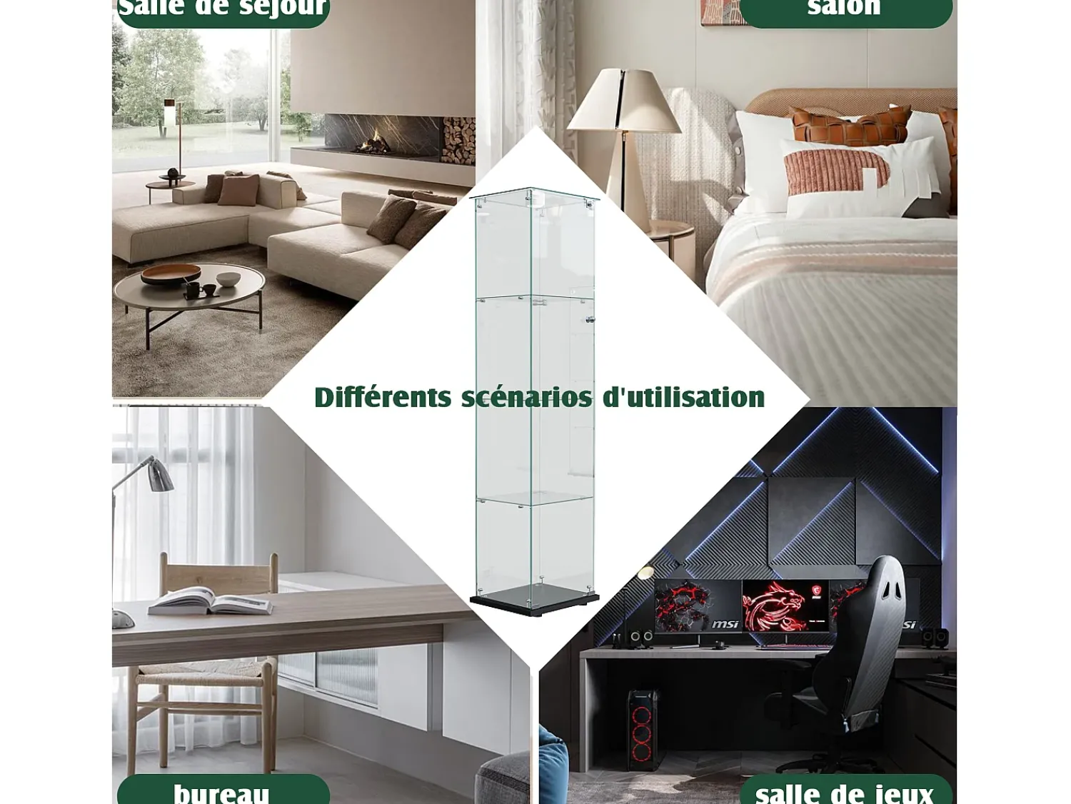 Vitrine de vidro com iluminação LED acionável por toque, portas e prateleiras com fechadura, 163x40x35 cm, preta^ Vitrina