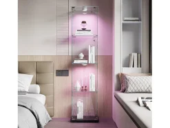 Vitrine de vidro com iluminação LED acionável por toque, portas e prateleiras com fechadura, 163x40x35 cm, preta^ Vitrina