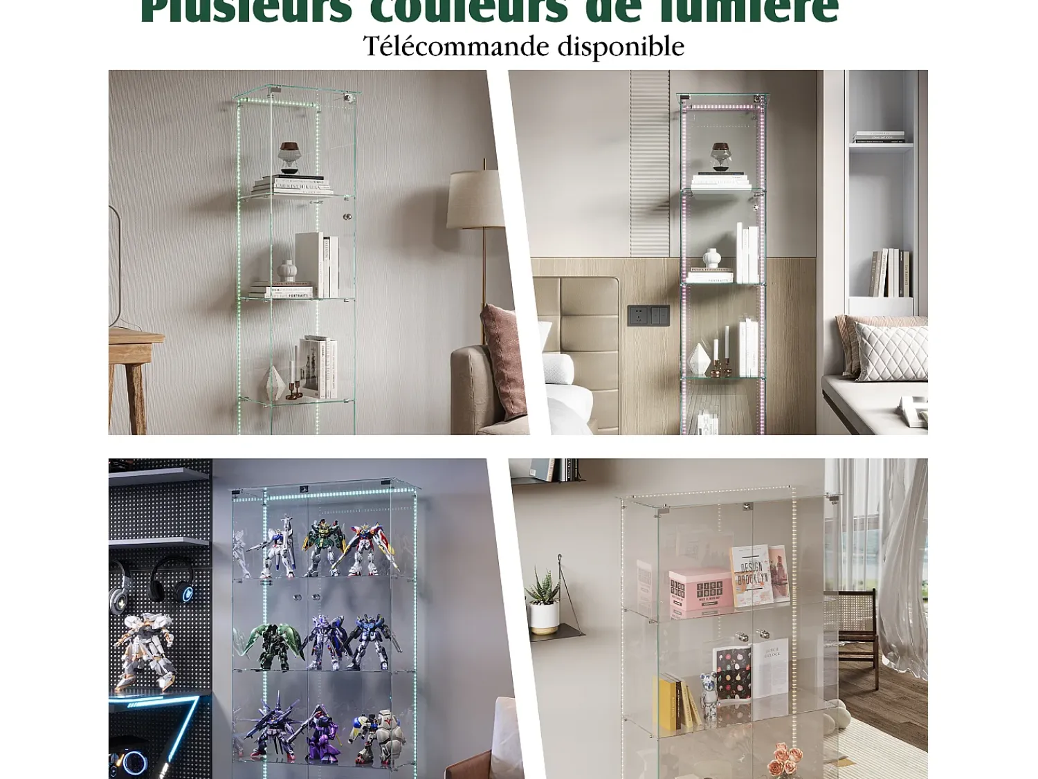Vitrine de vidro com iluminação LED, portas e prateleiras com fechadura, ideal para sala de estar/bar, 163x40x35 cm, branca.^ Vitrina