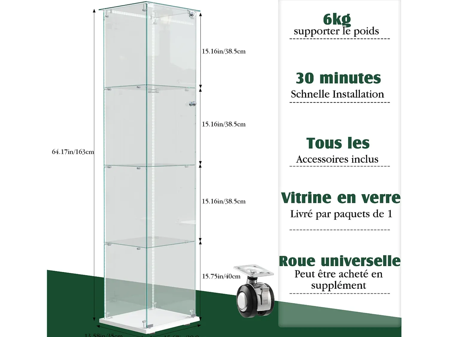 Vitrine de vidro com iluminação LED, portas e prateleiras com fechadura, ideal para sala de estar/bar, 163x40x35 cm, branca.^ Vitrina