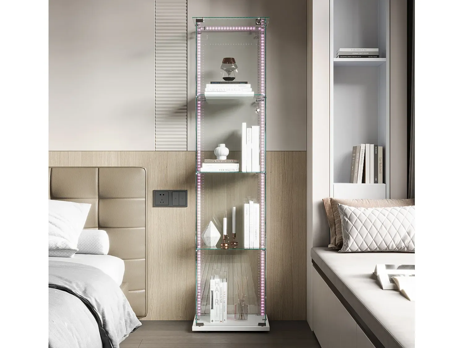Vitrine de vidro com iluminação LED, portas e prateleiras com fechadura, ideal para sala de estar/bar, 163x40x35 cm, branca.^ Vitrina