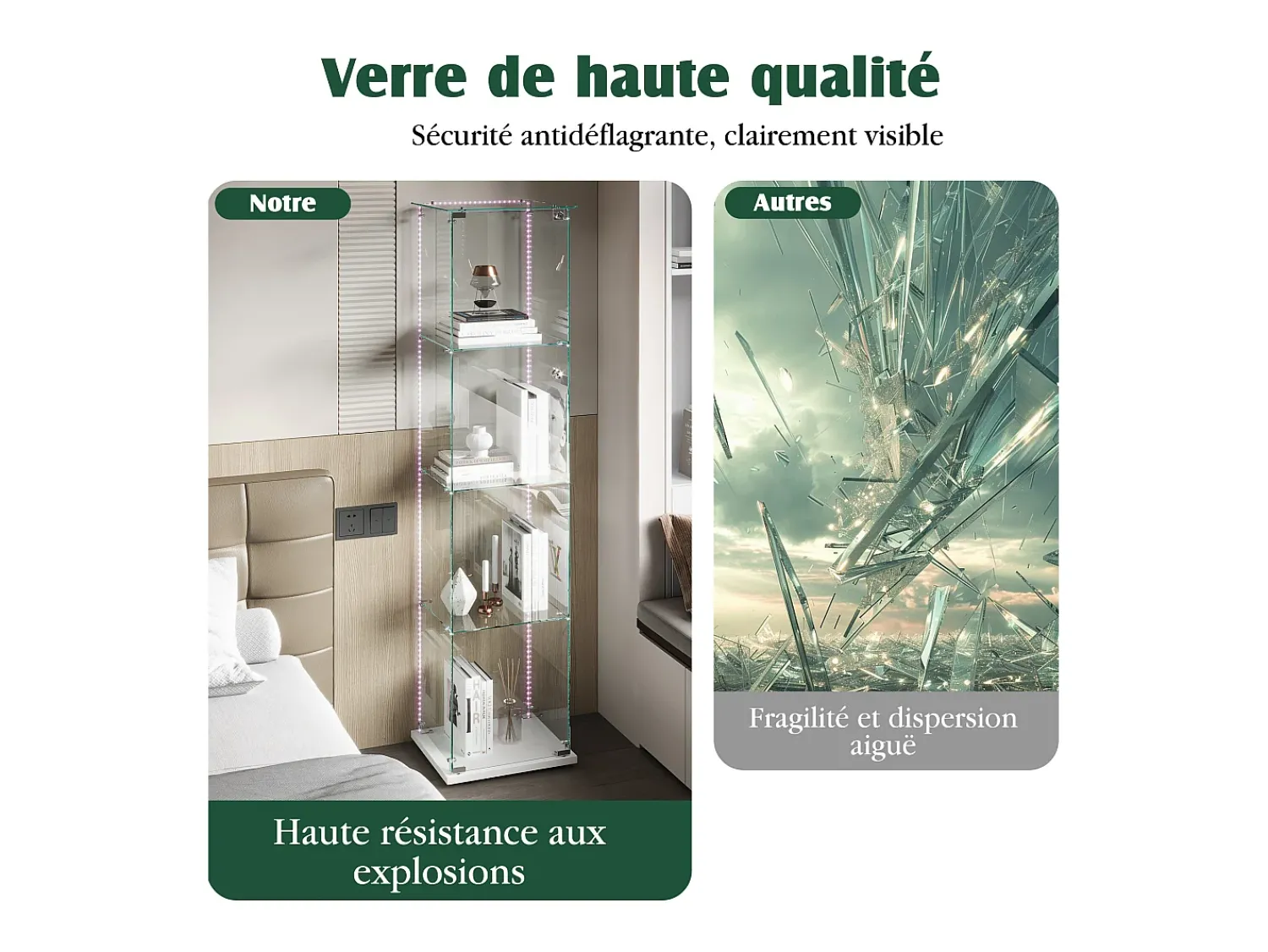 Vitrine de vidro com iluminação LED, portas e prateleiras com fechadura, ideal para sala de estar/bar, 163x40x35 cm, branca.^ Vitrina