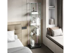 Vitrine de vidro com iluminação LED, portas e prateleiras com fechadura, ideal para sala de estar/bar, 163x40x35 cm, preta.^ Vitrina
