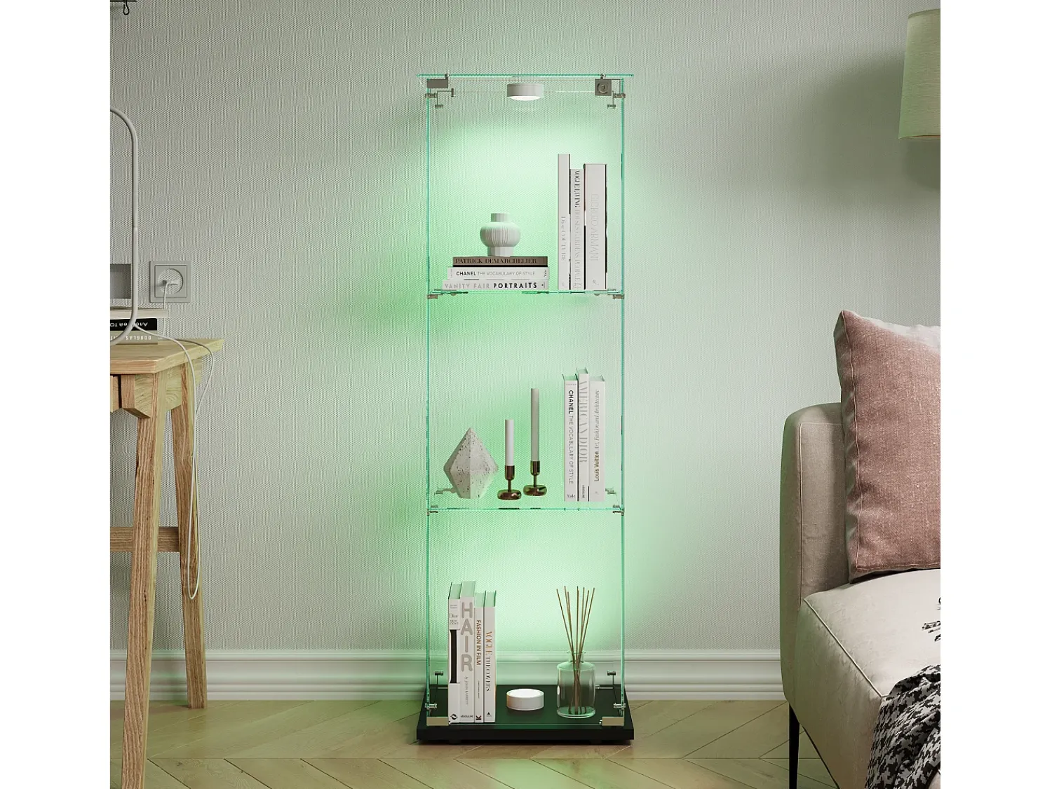 Online Vitrine de vidro com iluminação LED ativada por toque, 1 porta, 3 prateleiras ajustáveis, 125 x 42 x 36 cm, preta. Preto
