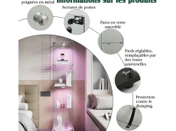 Vitrine de vidro com iluminação LED acionável por toque, portas e prateleiras com fechadura, 163x40x35 cm, branca.^ Vitrina