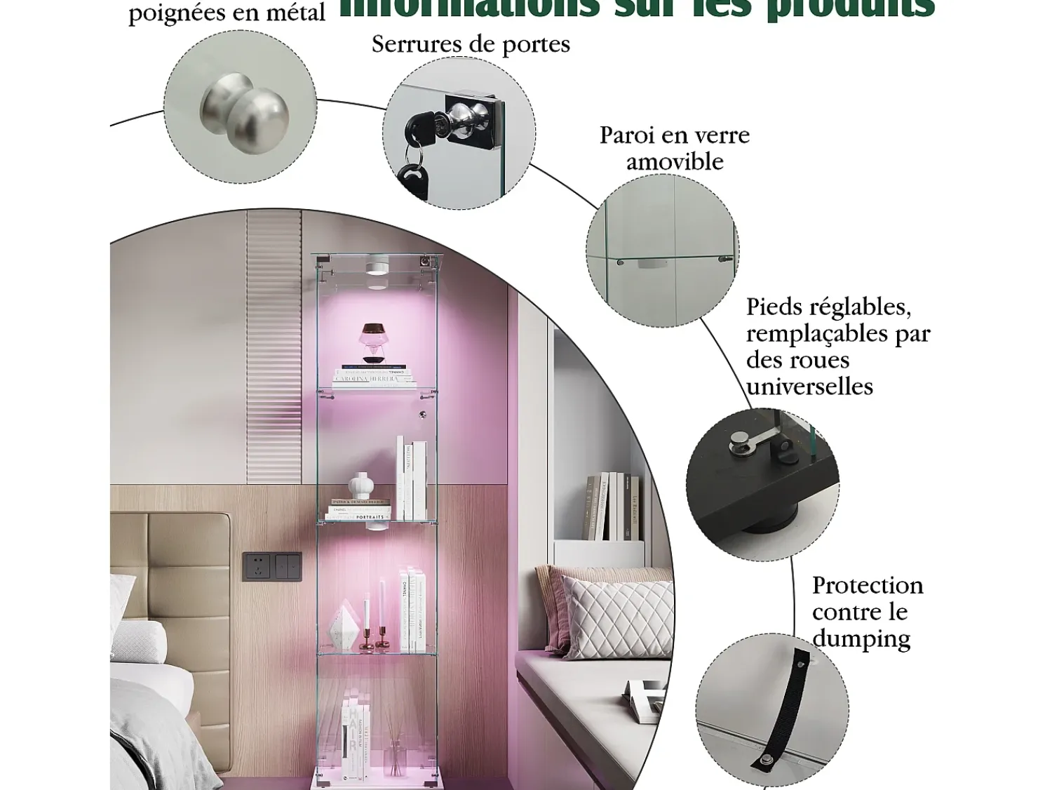 Vitrine de vidro com iluminação LED acionável por toque, portas e prateleiras com fechadura, 163x40x35 cm, branca.^ Vitrina