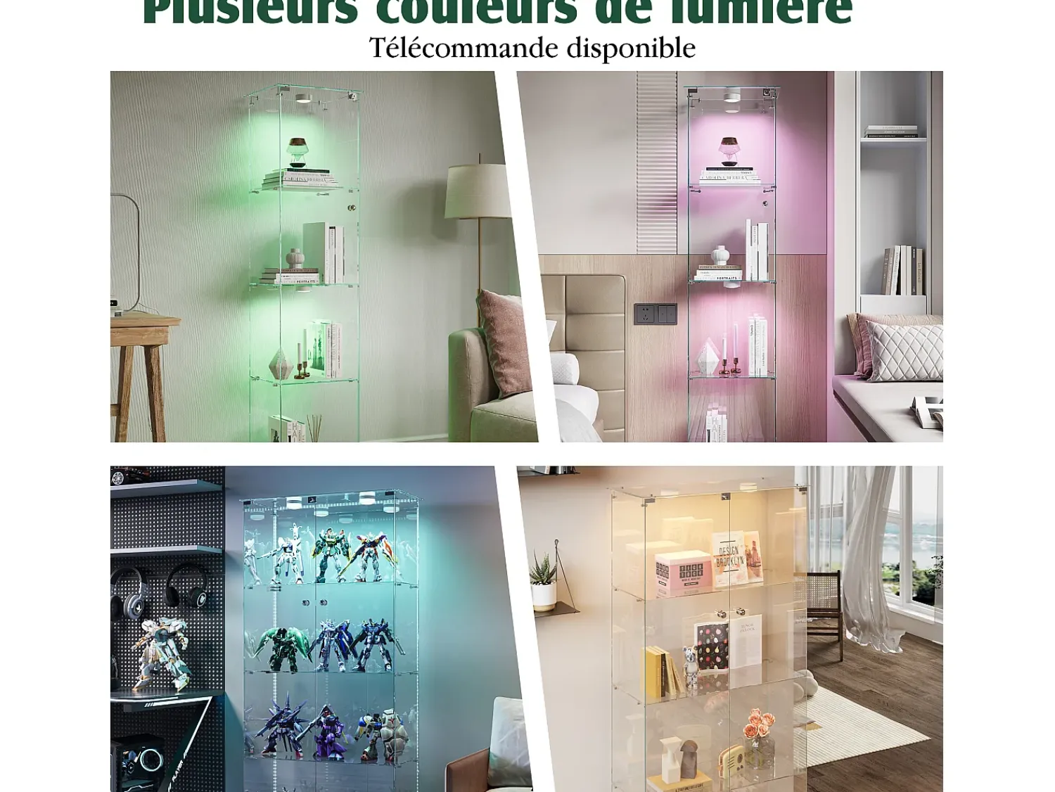 Vitrine de vidro com iluminação LED acionável por toque, portas e prateleiras com fechadura, 163x40x35 cm, branca.^ Vitrina