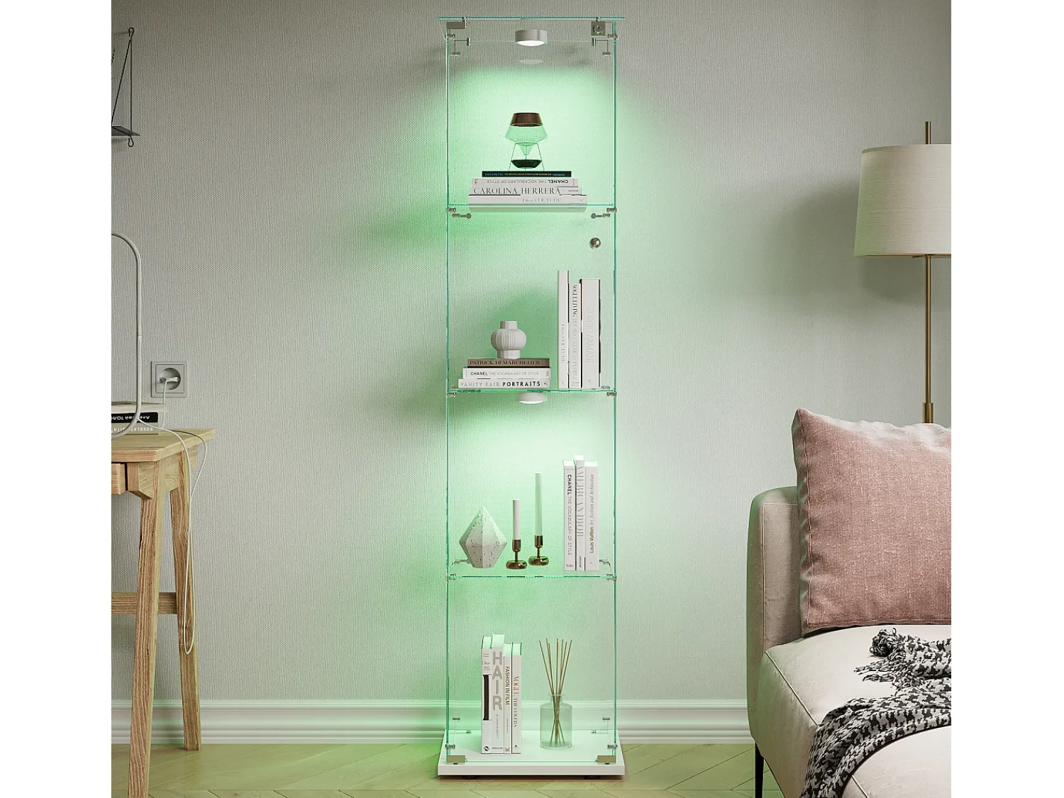 Vitrine de vidro com iluminação LED acionável por toque, portas e prateleiras com fechadura, 163x40x35 cm, branca.^ Vitrina