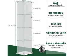 Vitrine de vidro com iluminação LED acionável por toque, portas e prateleiras com fechadura, 163x40x35 cm, branca.^ Vitrina