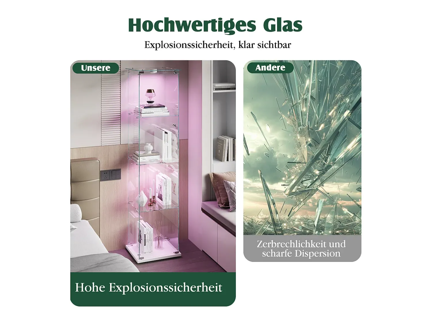 Vitrine de vidro com iluminação LED acionável por toque, portas e prateleiras com fechadura, 163x40x35 cm, branca.^ Vitrina