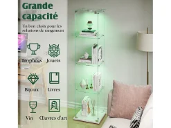 Vitrine de vidro com iluminação LED acionável por toque, portas e prateleiras com fechadura, 163x40x35 cm, branca.^ Vitrina
