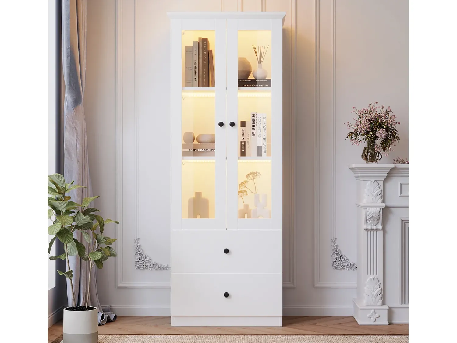 Vitrina| Vitrine de vidro com iluminação LED, 2 portas e 2 gavetas, 60x35,5x165cm, branca Branco