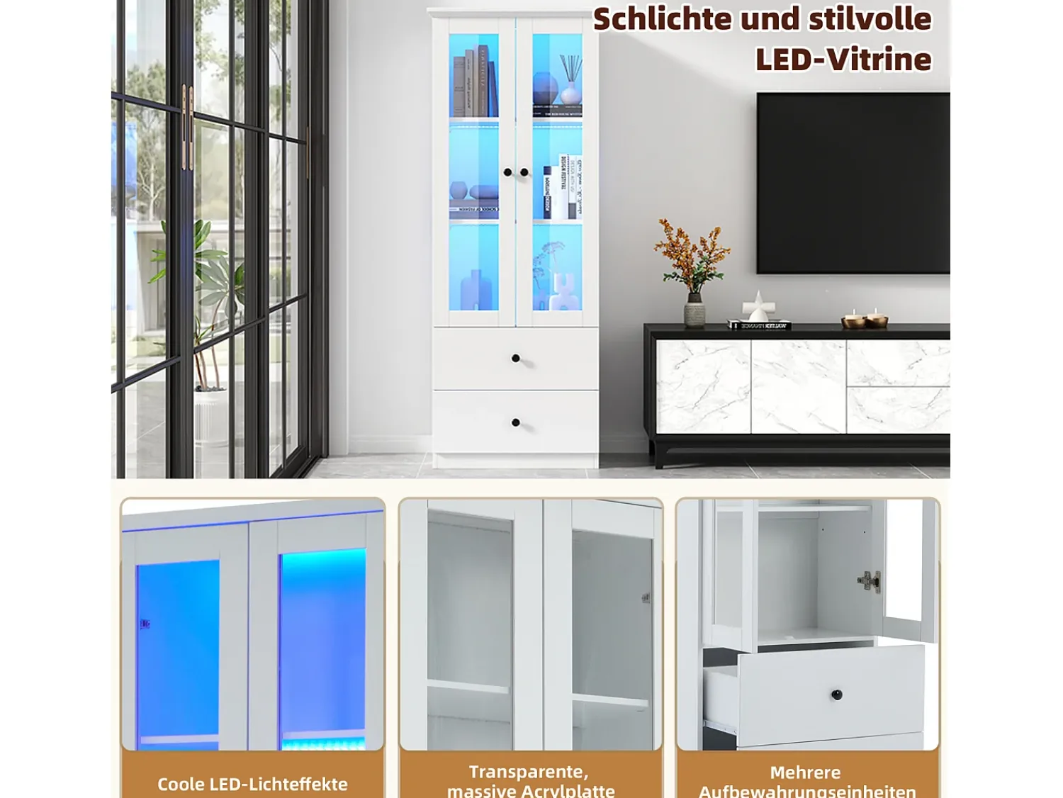 Vitrina| Vitrine de vidro com iluminação LED, 2 portas e 2 gavetas, 60x35,5x165cm, branca Branco