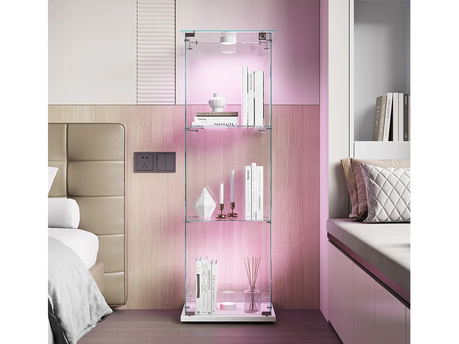 Vitrine de vidro com iluminação LED acionada por toque, 1 porta, 3 prateleiras ajustáveis, 125 x 42 x 36 cm, branca^ Vitrina