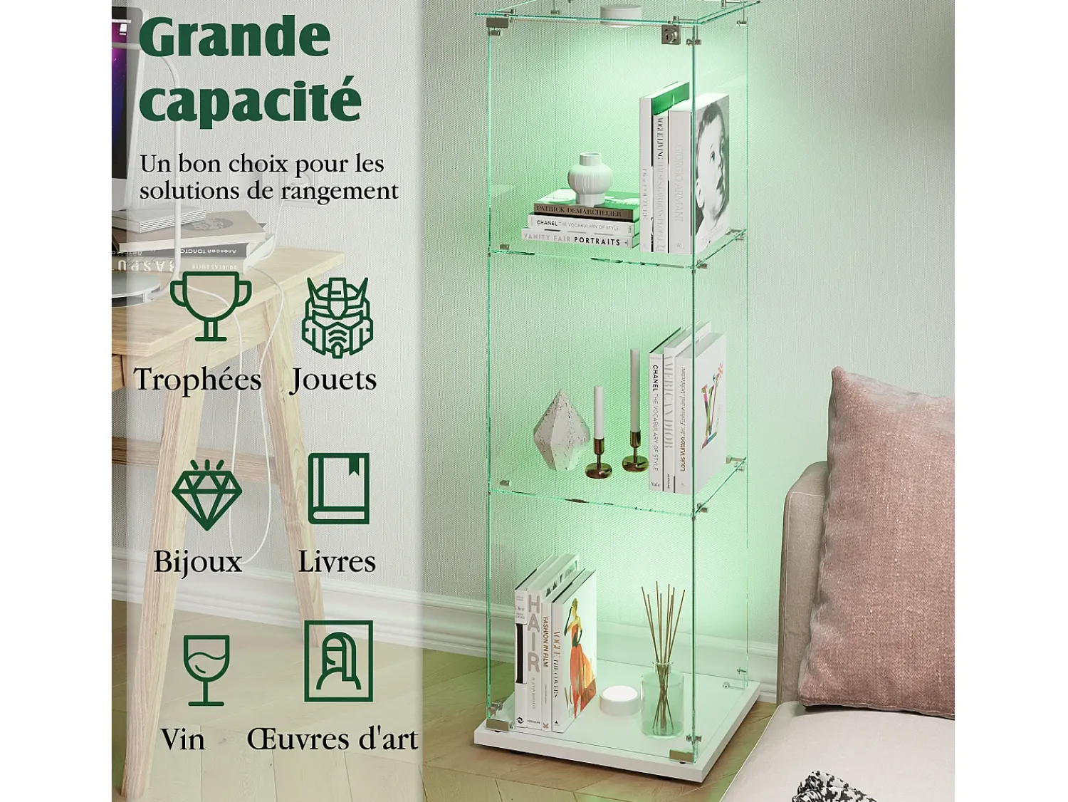 Vitrine de vidro com iluminação LED acionada por toque, 1 porta, 3 prateleiras ajustáveis, 125 x 42 x 36 cm, branca^ Vitrina