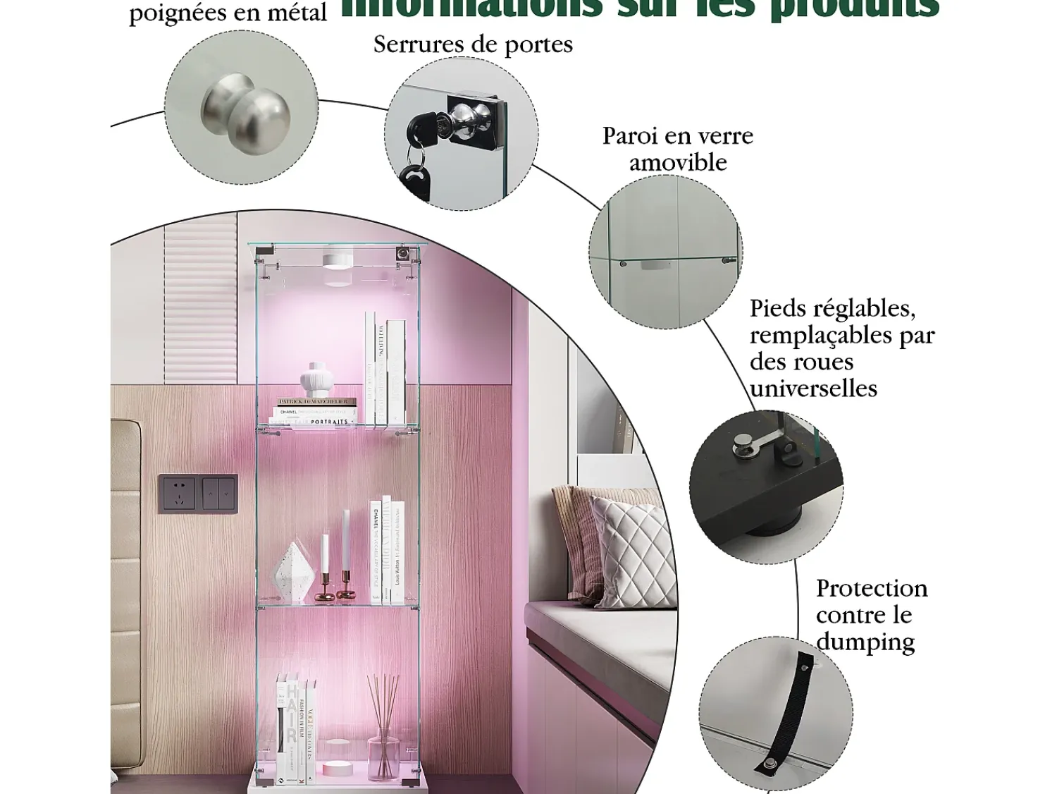 Vitrine de vidro com iluminação LED acionada por toque, 1 porta, 3 prateleiras ajustáveis, 125 x 42 x 36 cm, branca^ Vitrina