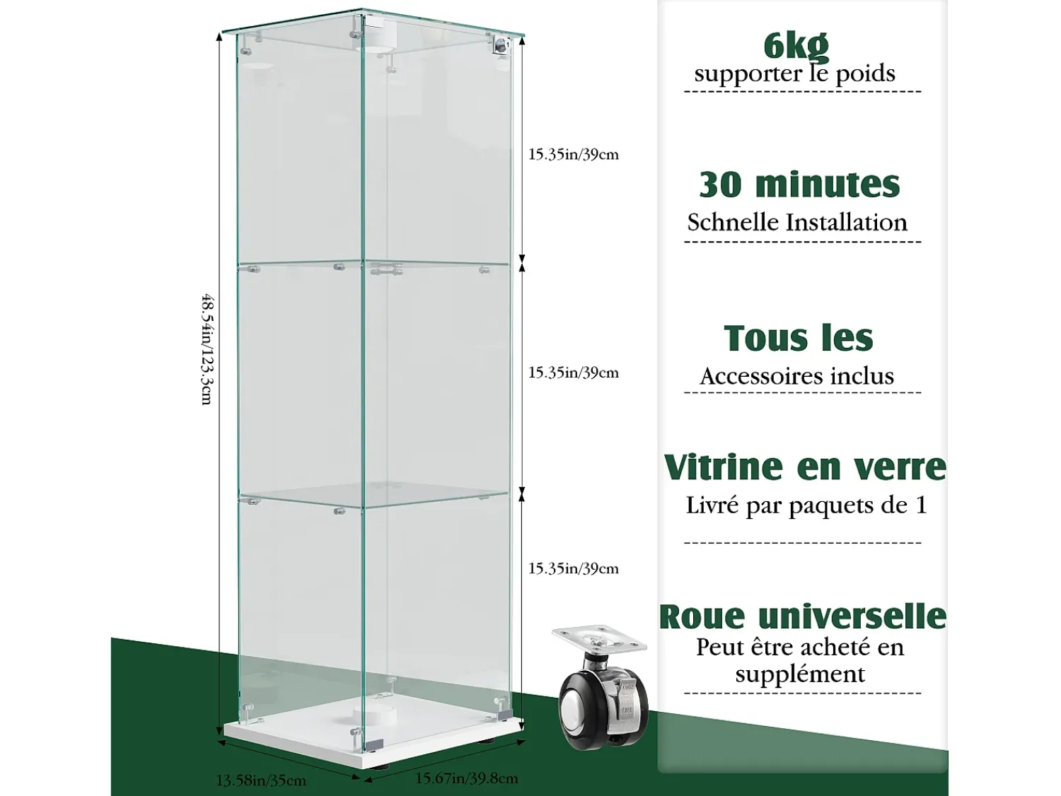 Vitrine de vidro com iluminação LED acionada por toque, 1 porta, 3 prateleiras ajustáveis, 125 x 42 x 36 cm, branca^ Vitrina