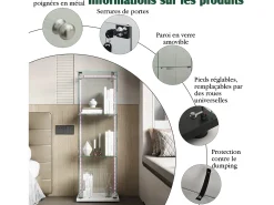 Sale Vitrine de vidro com iluminação LED, 1 porta com fechadura, 3 prateleiras ajustáveis, 125 x 42 x 36 cm, branca. Branco