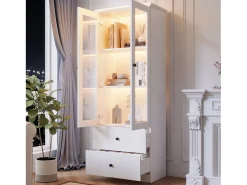 Vitrine de vidro com iluminação LED, 2 portas e 2 gavetas, 60x35,5x165cm, branca^ Vitrina