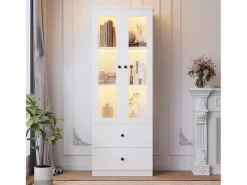 Vitrine de vidro com iluminação LED, 2 portas e 2 gavetas, 60x35,5x165cm, branca^ Vitrina