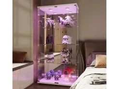 Vitrina| Vitrine de vidro com iluminação LED e fechadura, vitrine de vidro para sala de estar com 2 portas e prateleiras, branca Branco