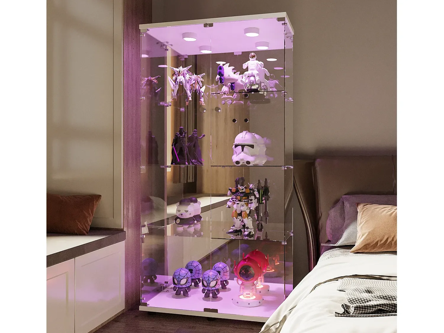 Vitrina| Vitrine de vidro com iluminação LED e fechadura, vitrine de vidro para sala de estar com 2 portas e prateleiras, branca Branco
