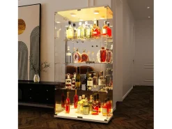 Vitrina| Vitrine de vidro com iluminação LED e fechadura, vitrine de vidro para sala de estar com 2 portas e prateleiras, branca Branco