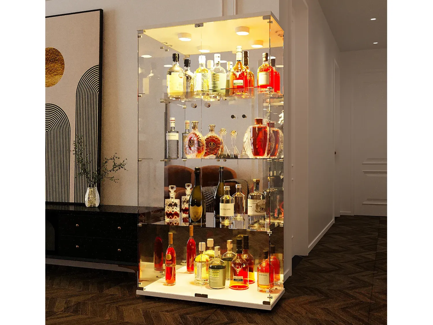 Vitrina| Vitrine de vidro com iluminação LED e fechadura, vitrine de vidro para sala de estar com 2 portas e prateleiras, branca Branco