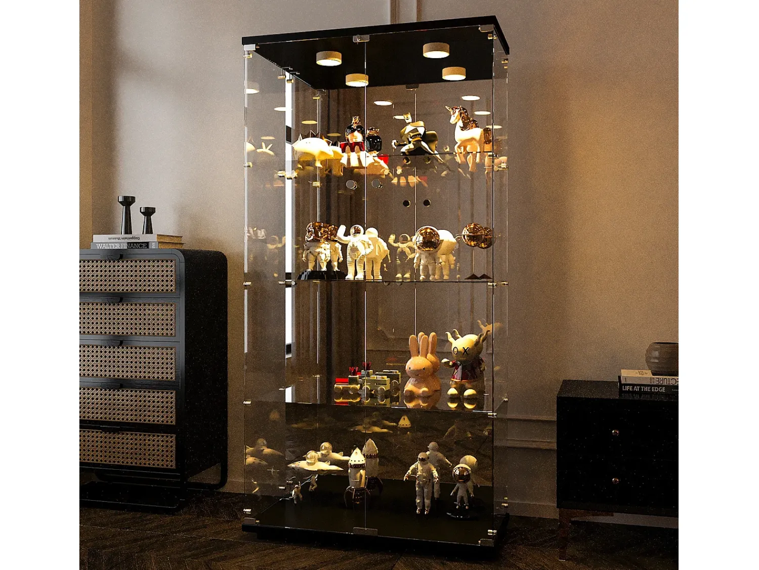 Vitrine de vidro de 163,9 x 36,49 x 80,49 cm, com prateleiras e iluminação LED, armário de curiosidades com porta dupla^ Vitrina