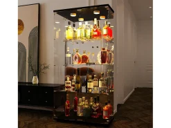 Vitrine de vidro de 163,9 x 36,49 x 80,49 cm, com prateleiras e iluminação LED, armário de curiosidades com porta dupla^ Vitrina