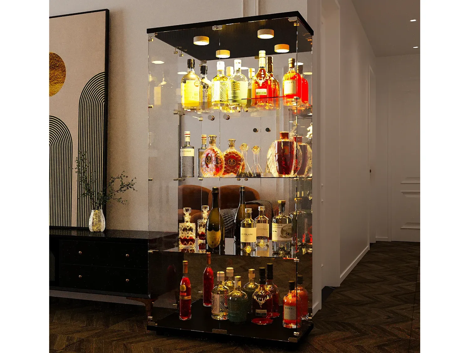 Vitrine de vidro de 163,9 x 36,49 x 80,49 cm, com prateleiras e iluminação LED, armário de curiosidades com porta dupla^ Vitrina
