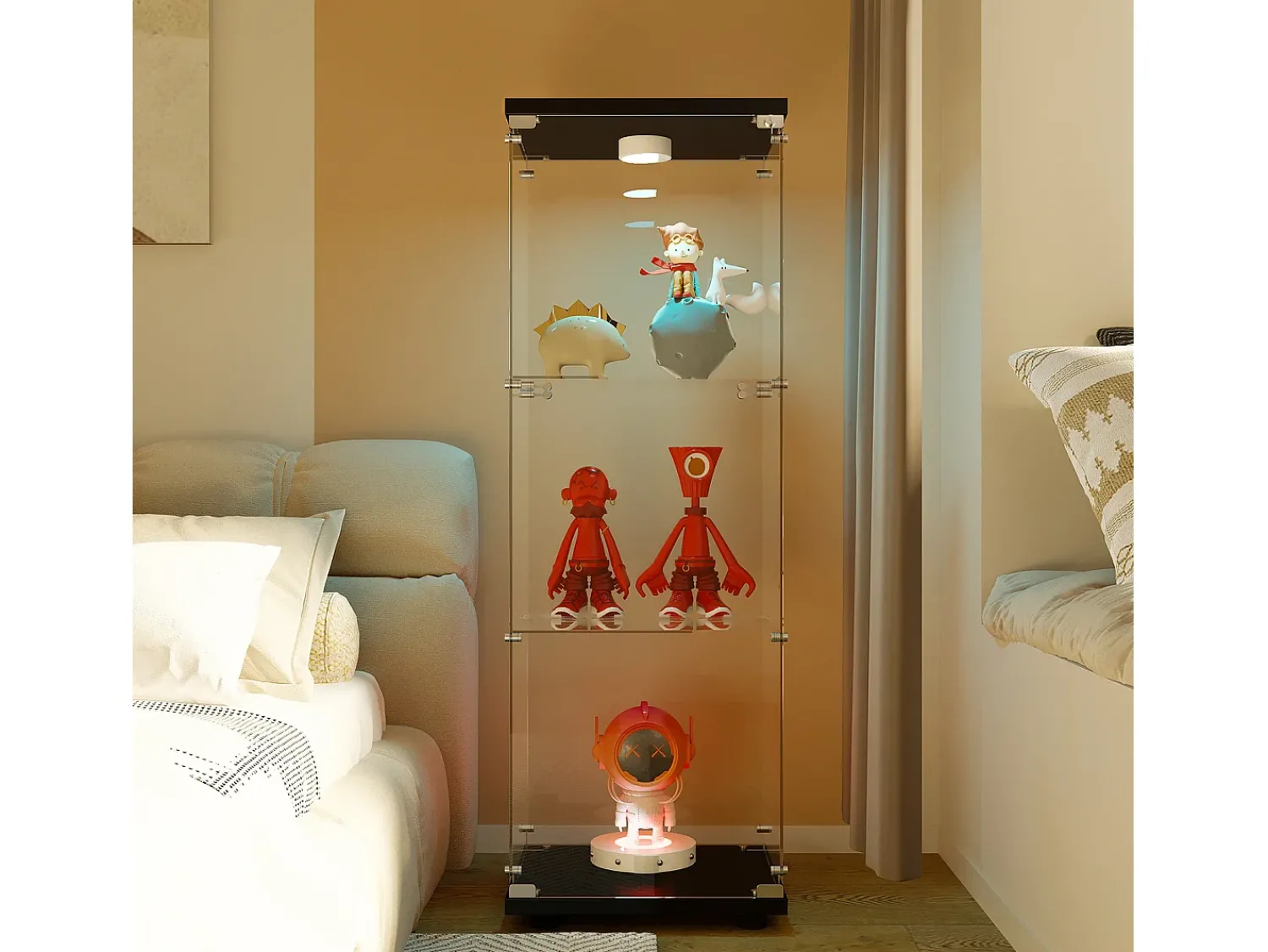 Vitrina* Vitrine de vidro GAHRELPER – 3 prateleiras, 1 porta, vidro temperado, luz LED, branco, 42x36x125 cm Preto