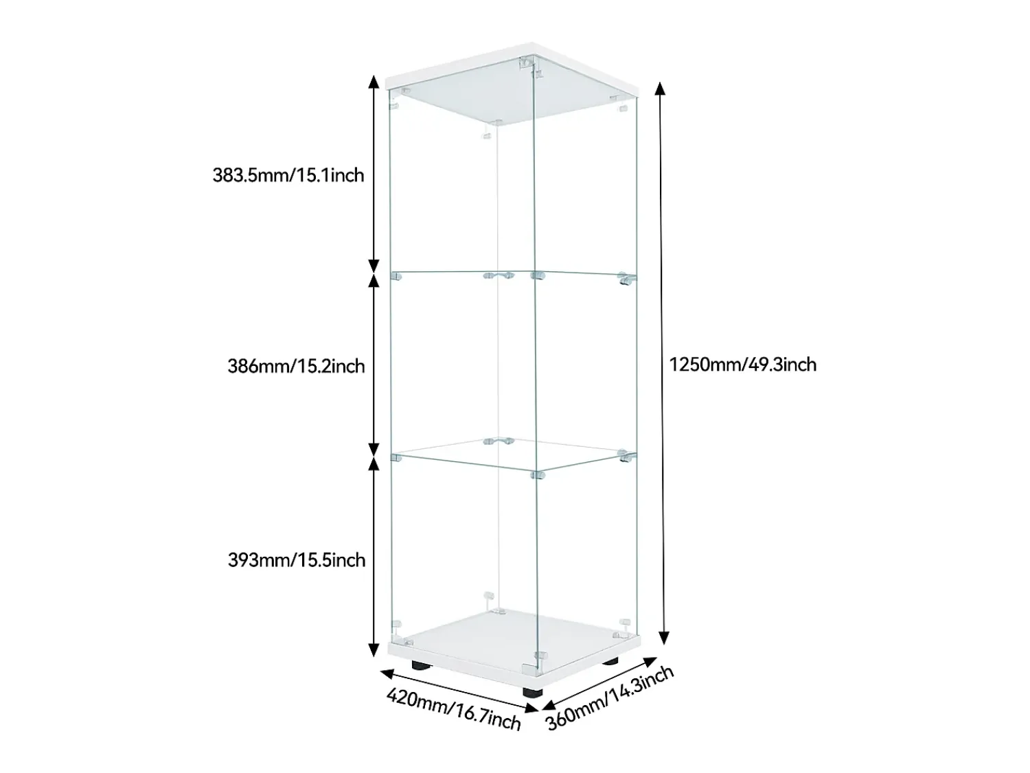 Vitrine de vidro independente, 125 cm, com iluminação LED, fechadura, 1 porta, 3 prateleiras, transparente, branca^ Vitrina