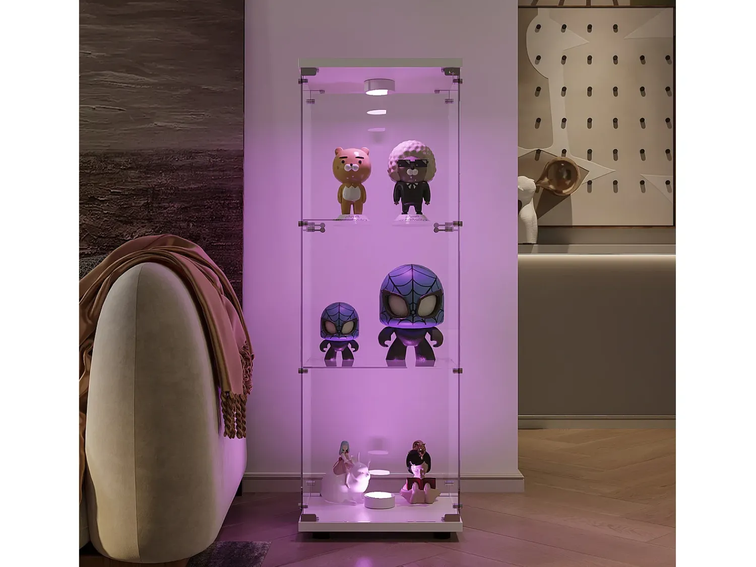 Vitrine de vidro independente, 125 cm, com iluminação LED, fechadura, 1 porta, 3 prateleiras, transparente, branca^ Vitrina