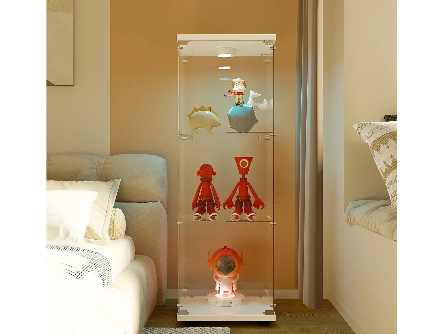 Vitrine de vidro independente, 125 cm, com iluminação LED, fechadura, 1 porta, 3 prateleiras, transparente, branca^ Vitrina