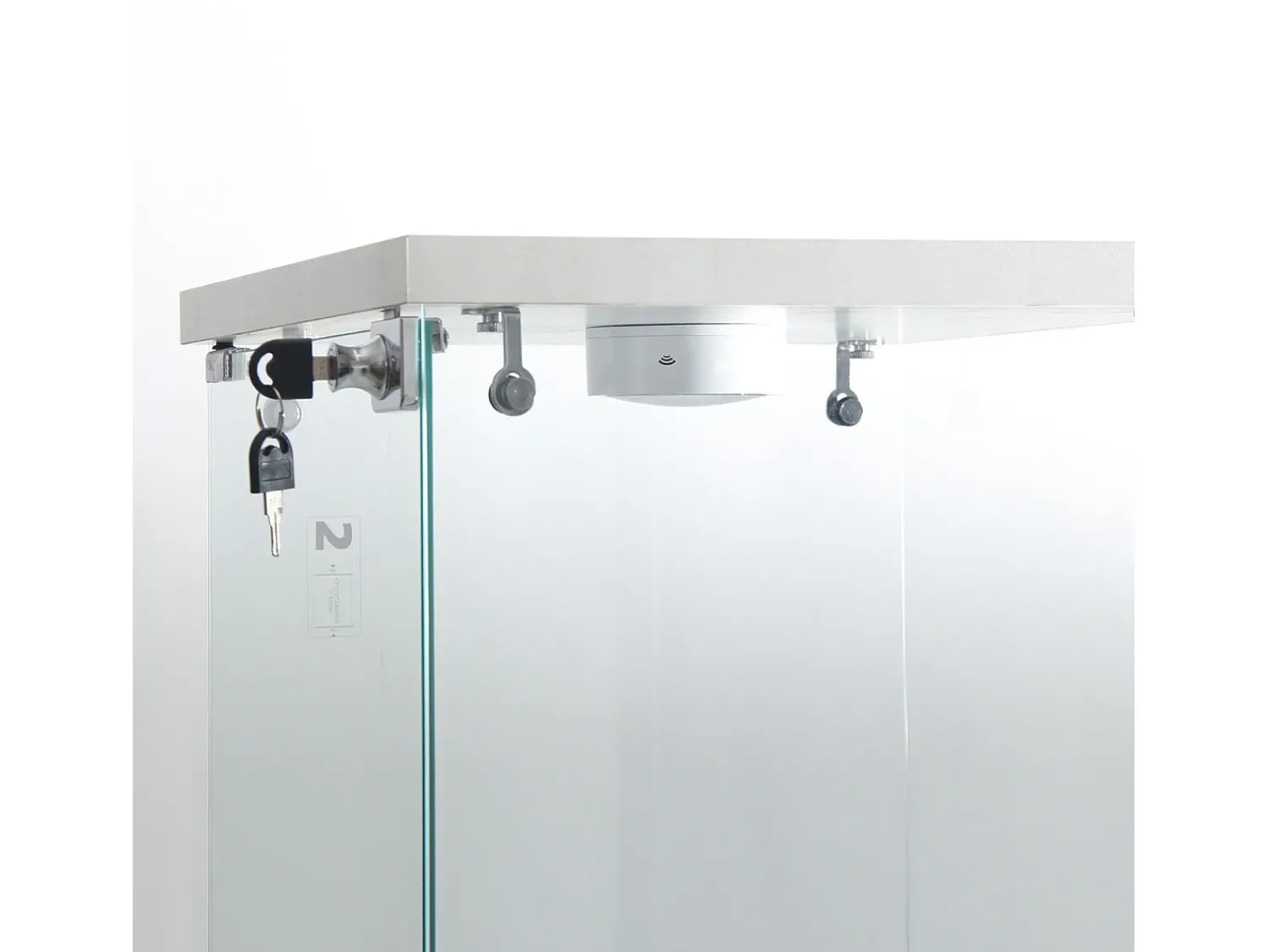 Vitrine de vidro independente, 125 cm, com iluminação LED, fechadura, 1 porta, 3 prateleiras, transparente, branca^ Vitrina