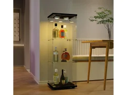 Vitrina| Vitrine de vidro independente, 125 cm, com iluminação LED, fechadura, 1 porta, 3 prateleiras, transparente, preta Preto