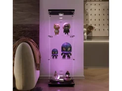 Vitrina| Vitrine de vidro independente, 125 cm, com iluminação LED, fechadura, 1 porta, 3 prateleiras, transparente, preta Preto