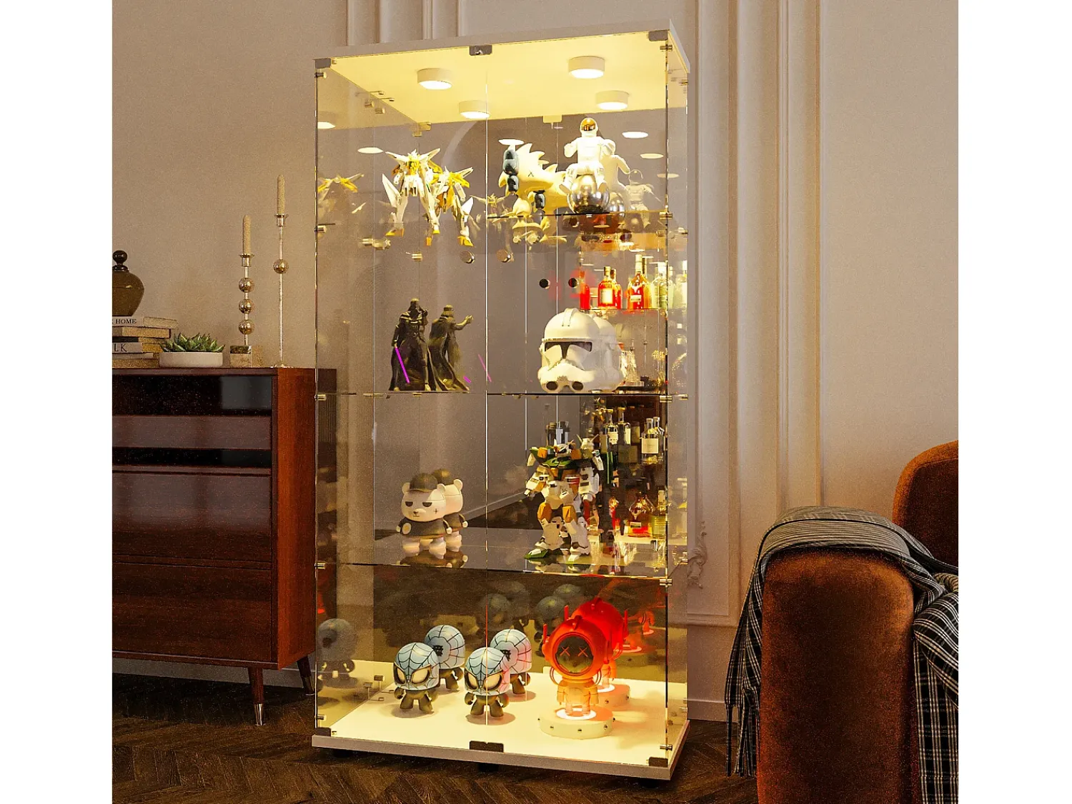 Vitrina| Vitrine de vidro LED – 4 prateleiras, 2 portas, vitrine independente, branca, 80,49 x 36,49 x 163,9 cm Branco