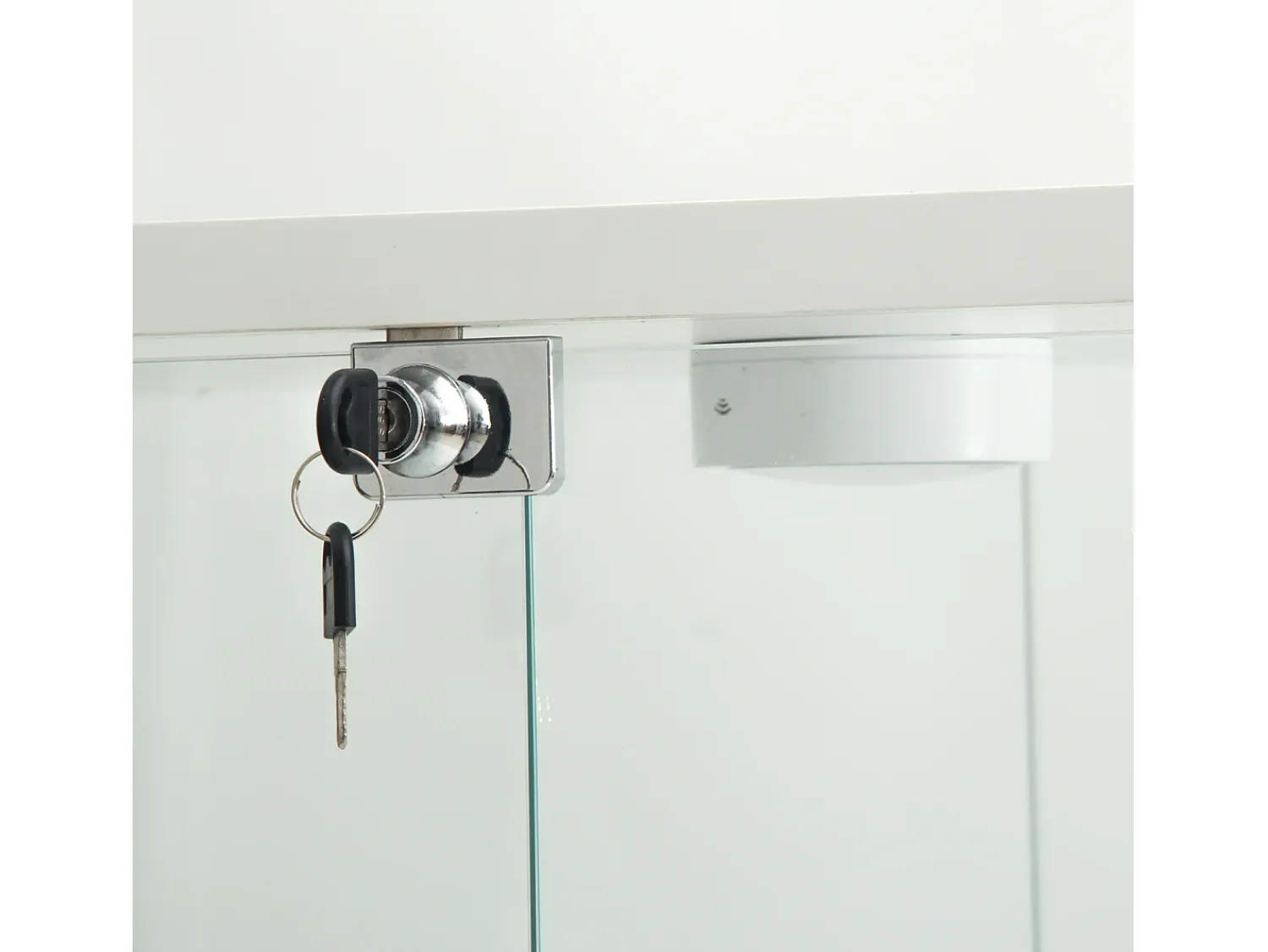 Vitrina| Vitrine de vidro sobre suporte, LED, 2 portas com fechadura, 4 compartimentos, para coleções e decoração Branco