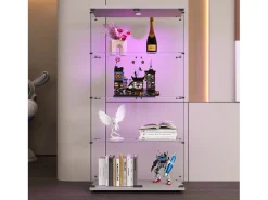 Vitrina| Vitrine de vidro sobre suporte, LED, 2 portas com fechadura, 4 compartimentos, para coleções e decoração Branco