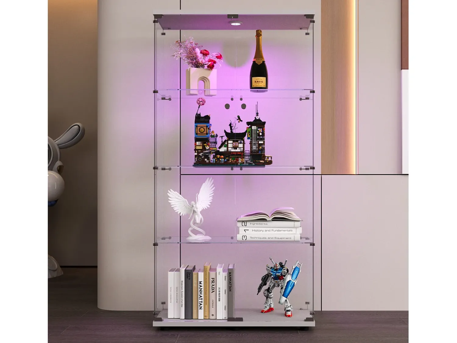 Vitrina| Vitrine de vidro sobre suporte, LED, 2 portas com fechadura, 4 compartimentos, para coleções e decoração Branco