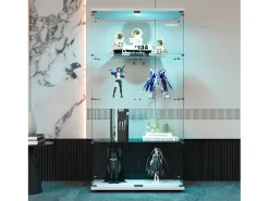 Vitrina| Vitrine de vidro sobre suporte, LED, 2 portas com fechadura, 4 compartimentos, para coleções e decoração Branco