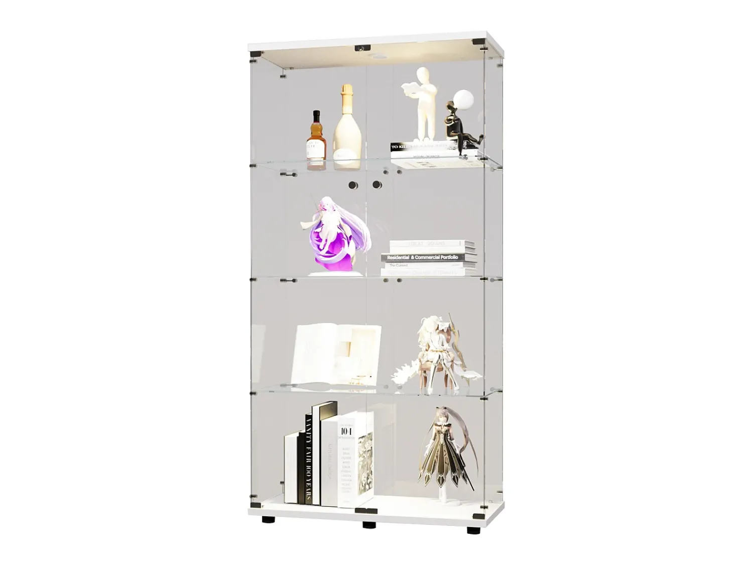 Vitrina| Vitrine de vidro sobre suporte, LED, 2 portas com fechadura, 4 compartimentos, para coleções e decoração Branco