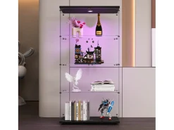 Sale Vitrine de vidro sobre suporte, LED, 2 portas com fechadura, 4 compartimentos, para coleções e decoração Preto