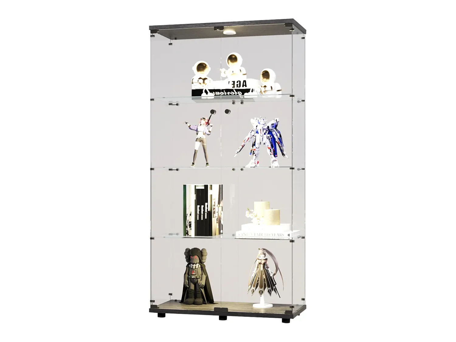Sale Vitrine de vidro sobre suporte, LED, 2 portas com fechadura, 4 compartimentos, para coleções e decoração Preto