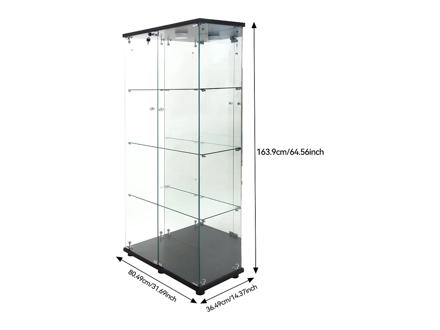 Sale Vitrine de vidro sobre suporte, LED, 2 portas com fechadura, 4 compartimentos, para coleções e decoração Preto