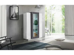 Discount Dmora Vitrine Dfrutt, Aparador com três portas, Móveis de sala multiuso, 100% Fabricado na Itália, 80x38h121 cm, brilhante e ardósia Branco