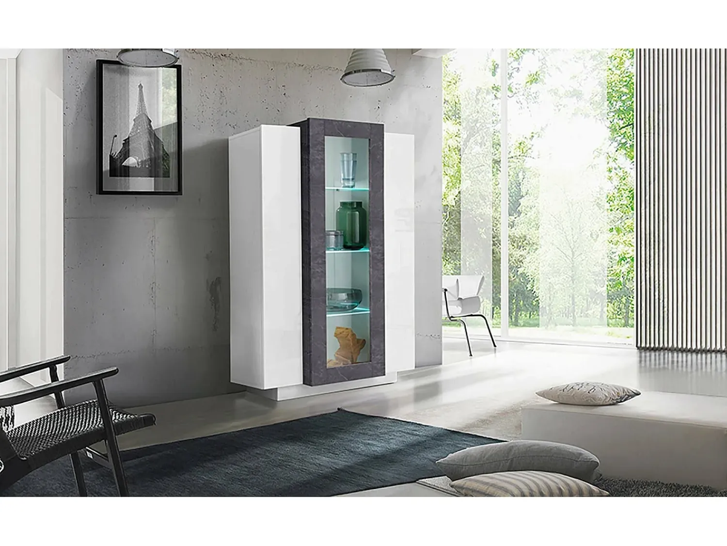 Discount Dmora Vitrine Dfrutt, Aparador com três portas, Móveis de sala multiuso, 100% Fabricado na Itália, 80x38h121 cm, brilhante e ardósia Branco